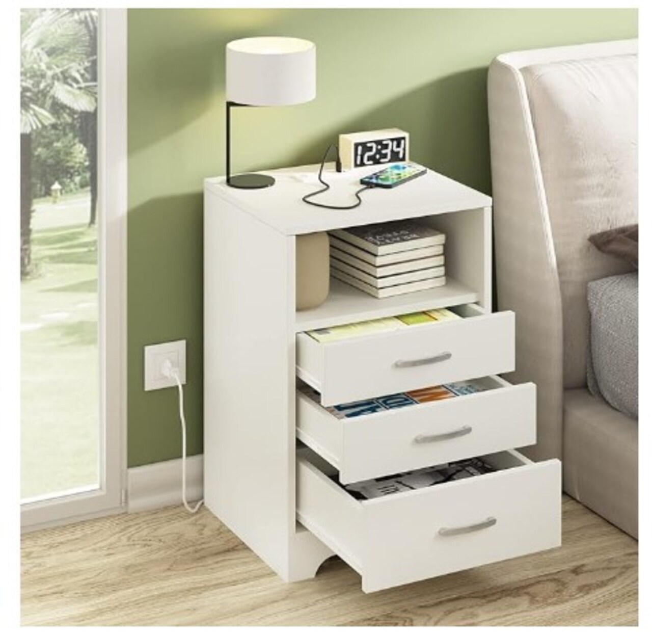 Bedside Tables for Bedroom with USB Ports Outlet & Open Storage, White Nightstand with Charging Station, Contemporary End Side Table with Three Drawers, Wooden Cabinet Stand by Sofa
